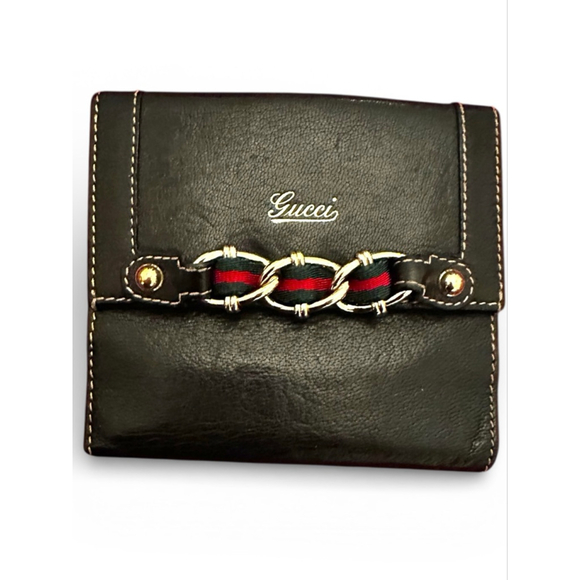 Gucci Black Leather Wallet with Sherry Line Red and Green Ribbon Stripe Chain